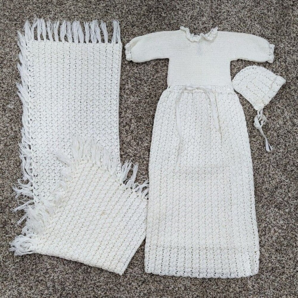 Vintage Long Christening Gown Trio Baptism Dress Hand Made Crochet Baby Size 0-1